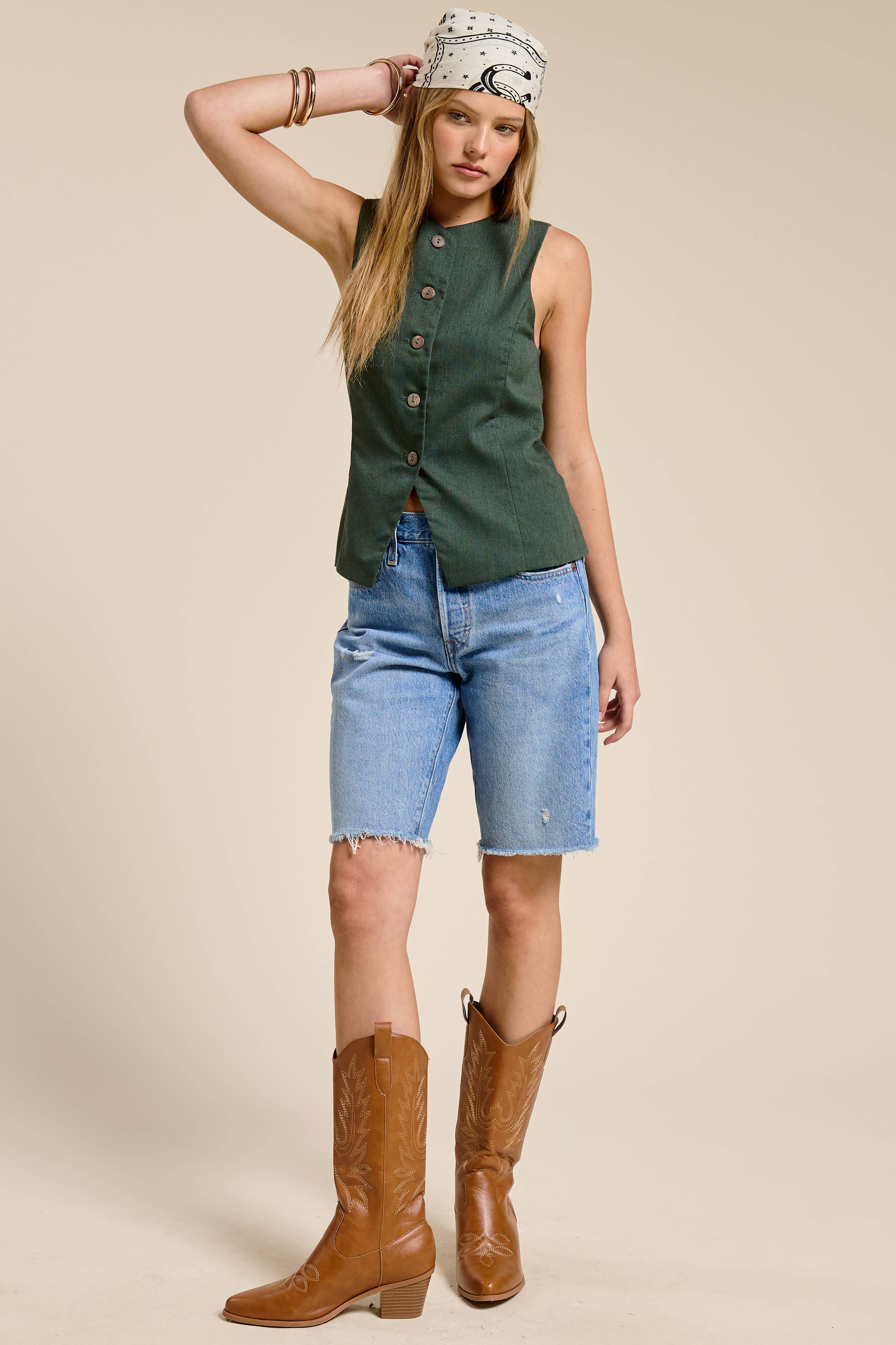 Sleeveless Buttoned Vest - Hunter Green