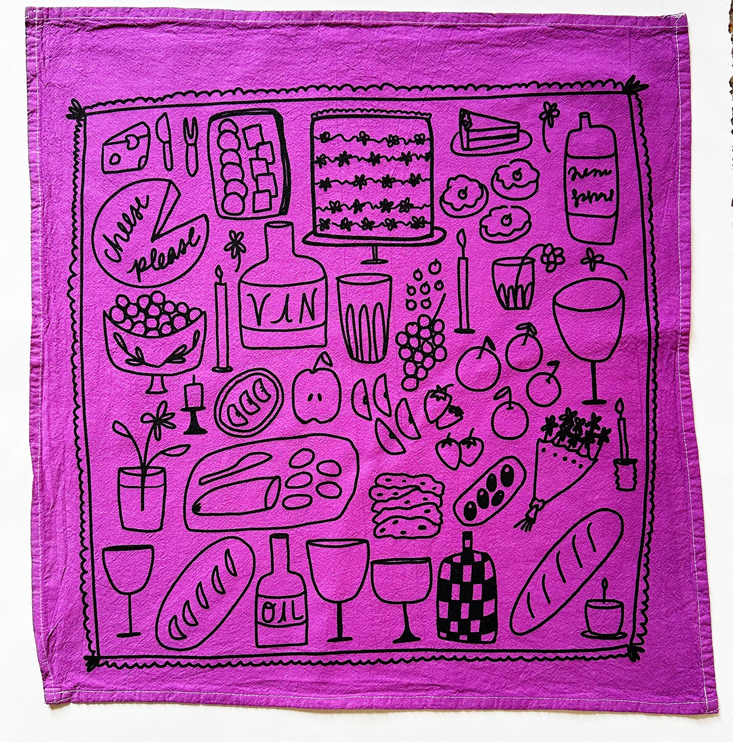 Julie Peach - Picnic on Grape Tea Towel - 100% Cotton