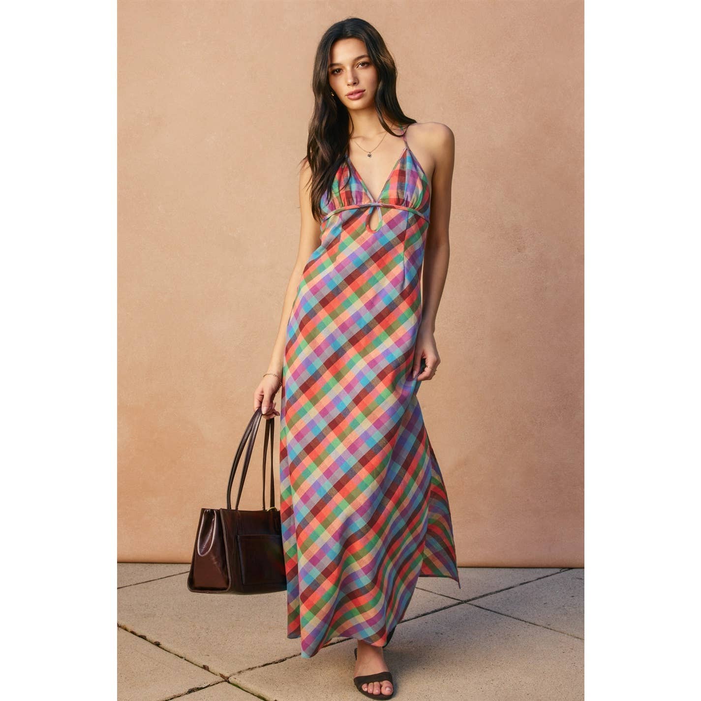 Colorful Gingham Halter Maxi Dress