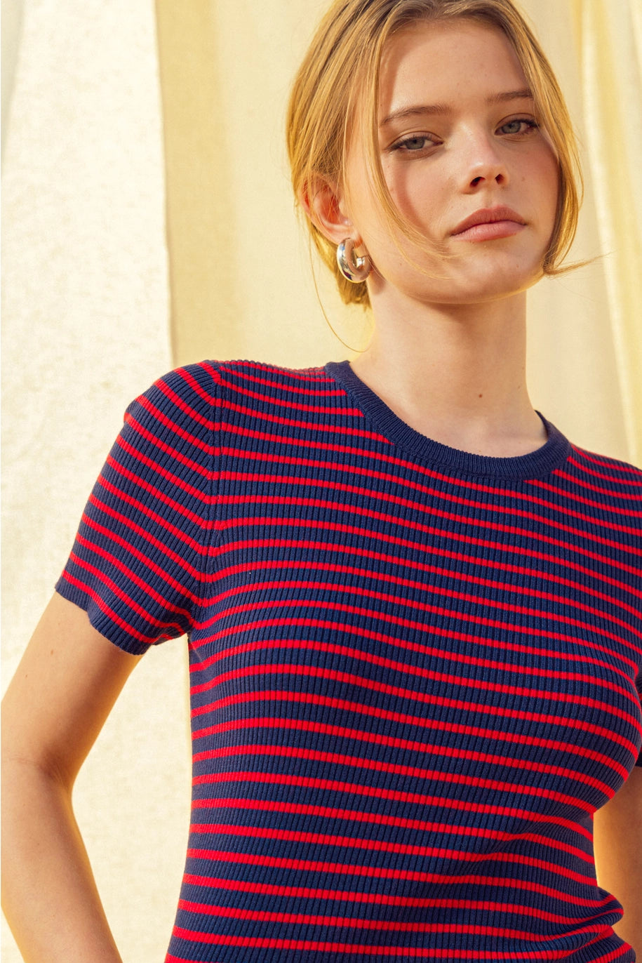 Stripe Ribbed Knit Short Sleeve Top