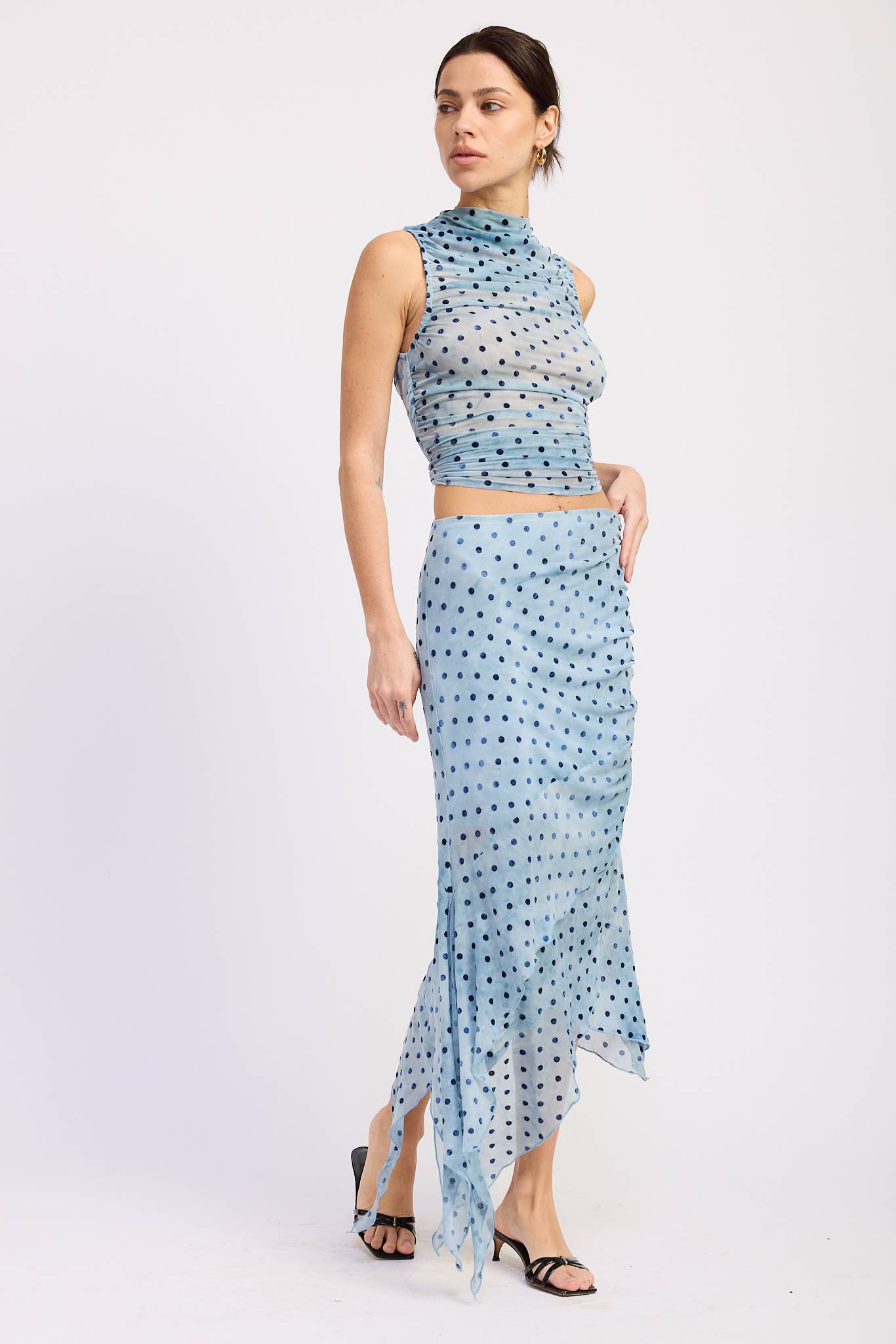 Mesh Blue Dot Shirred Top