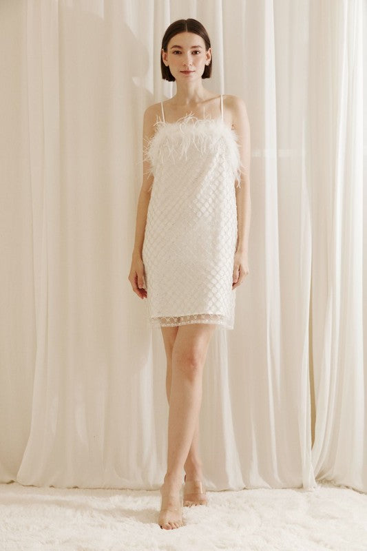 Ivory Beaded Feather Mini Dress