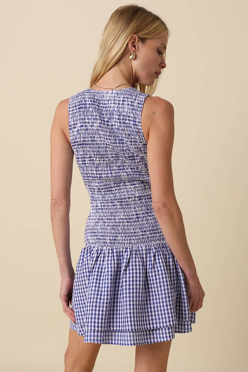 Debbie Gingham V-Neck Tiered Mini Dress