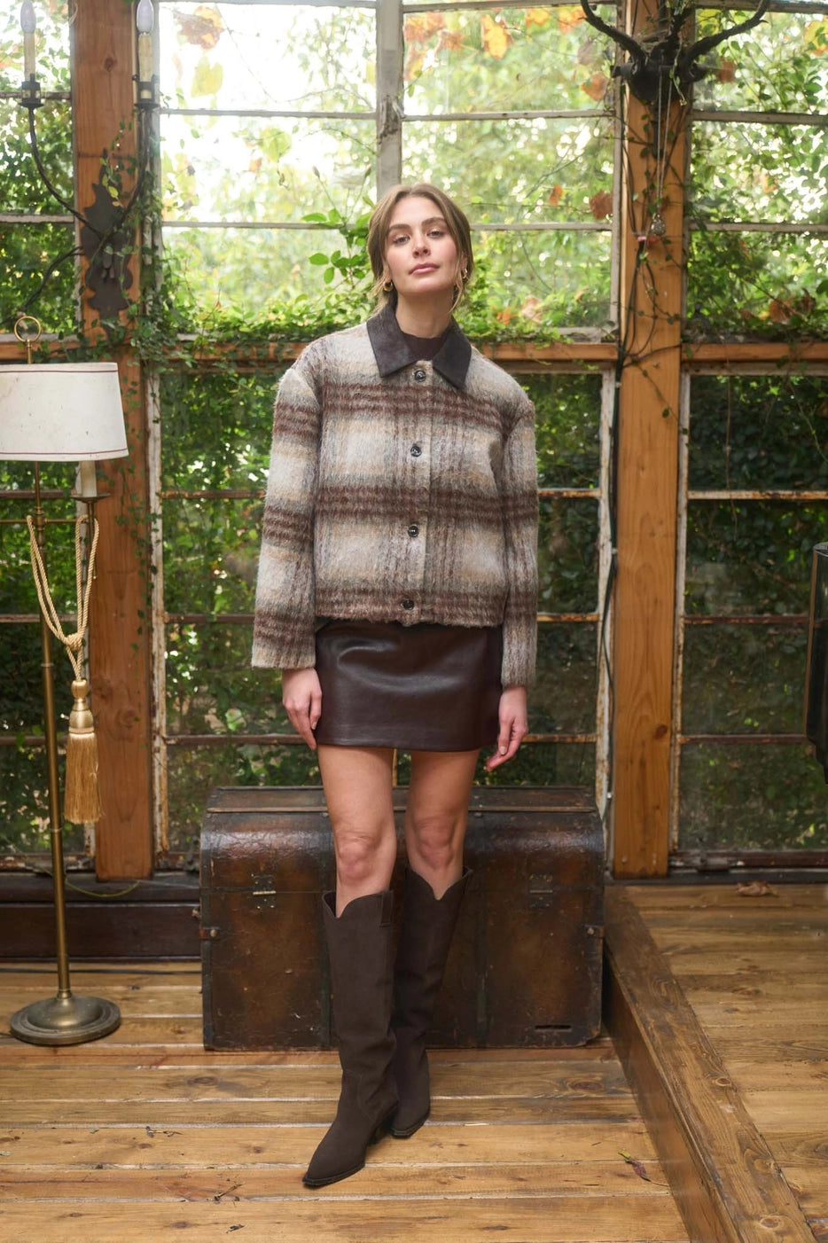 Brushed Plaid Jacket With Contrast Collar