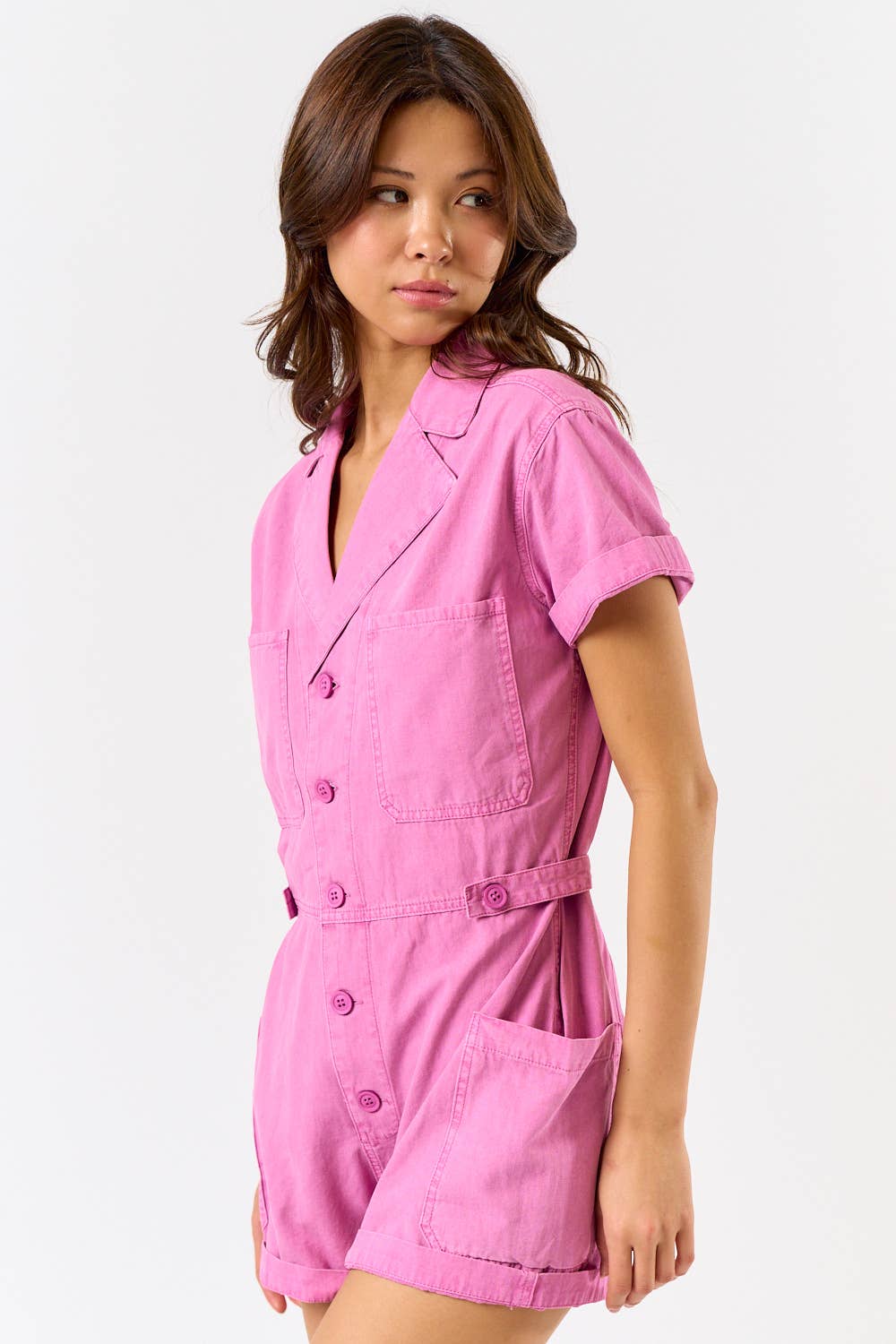 Pink Collard Short Sleeve Romper