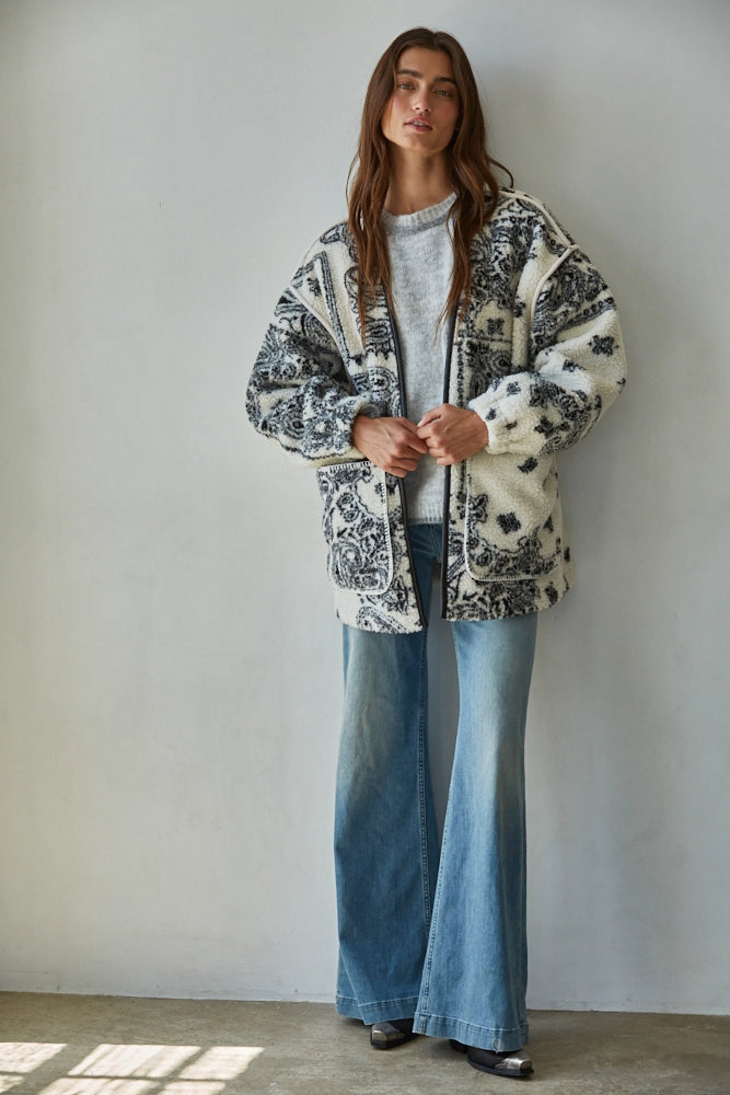 Fleece Sherpa Paisley Print Jacket