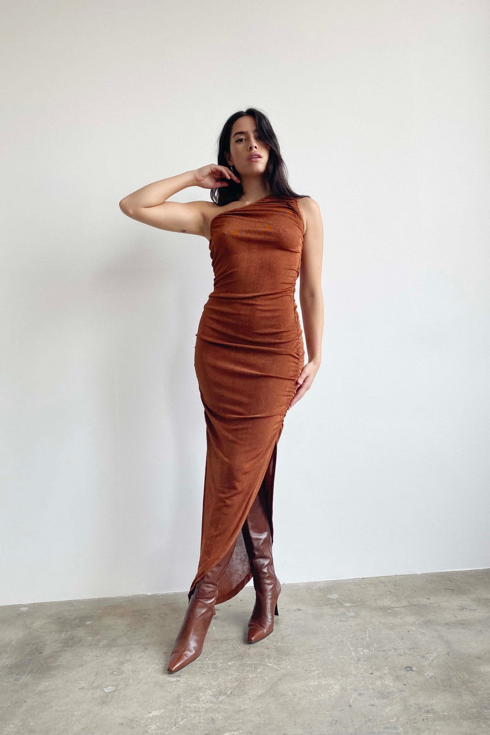 Bronze One Shoulder Midi Dress 