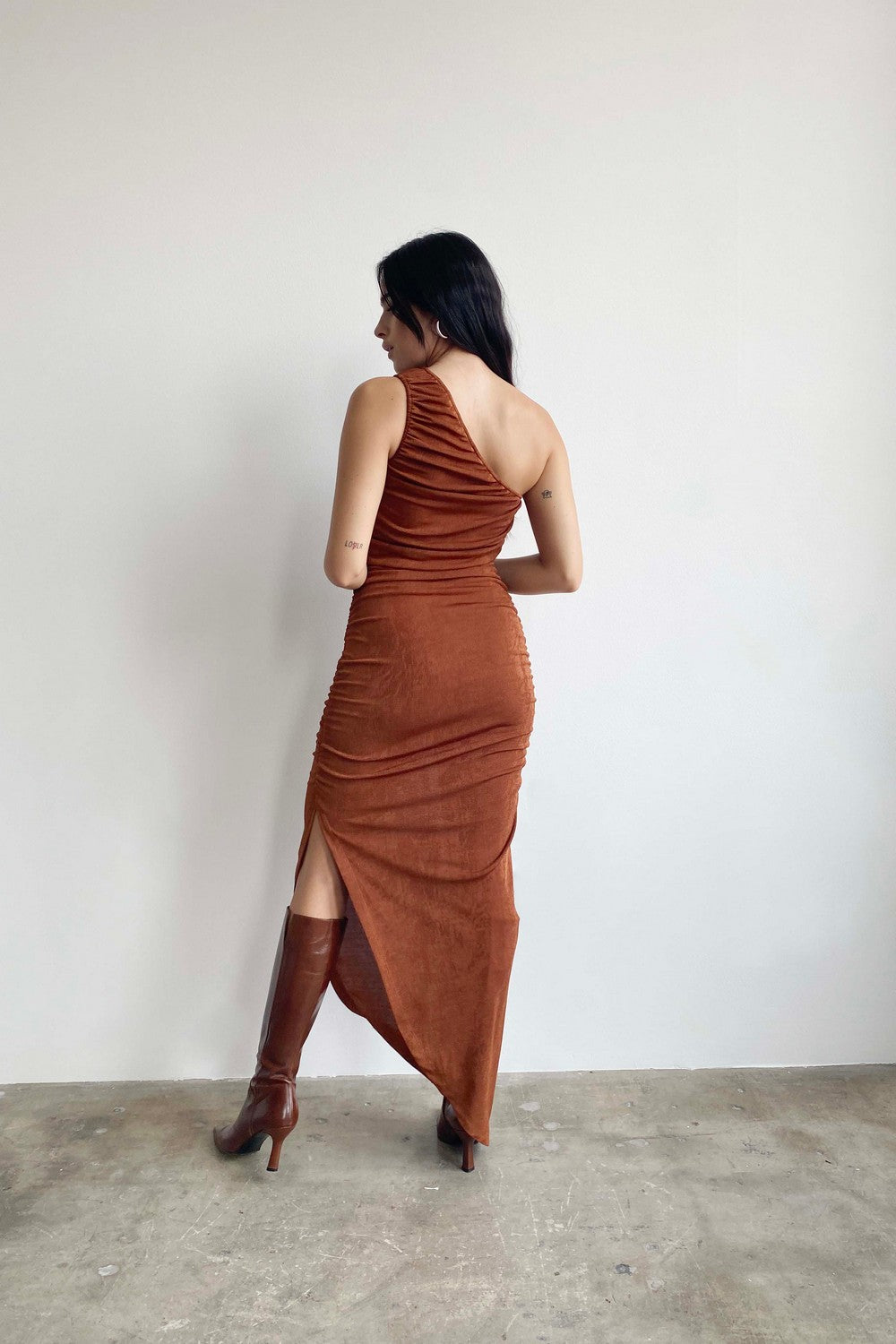 Bronze One Shoulder Midi Dress 