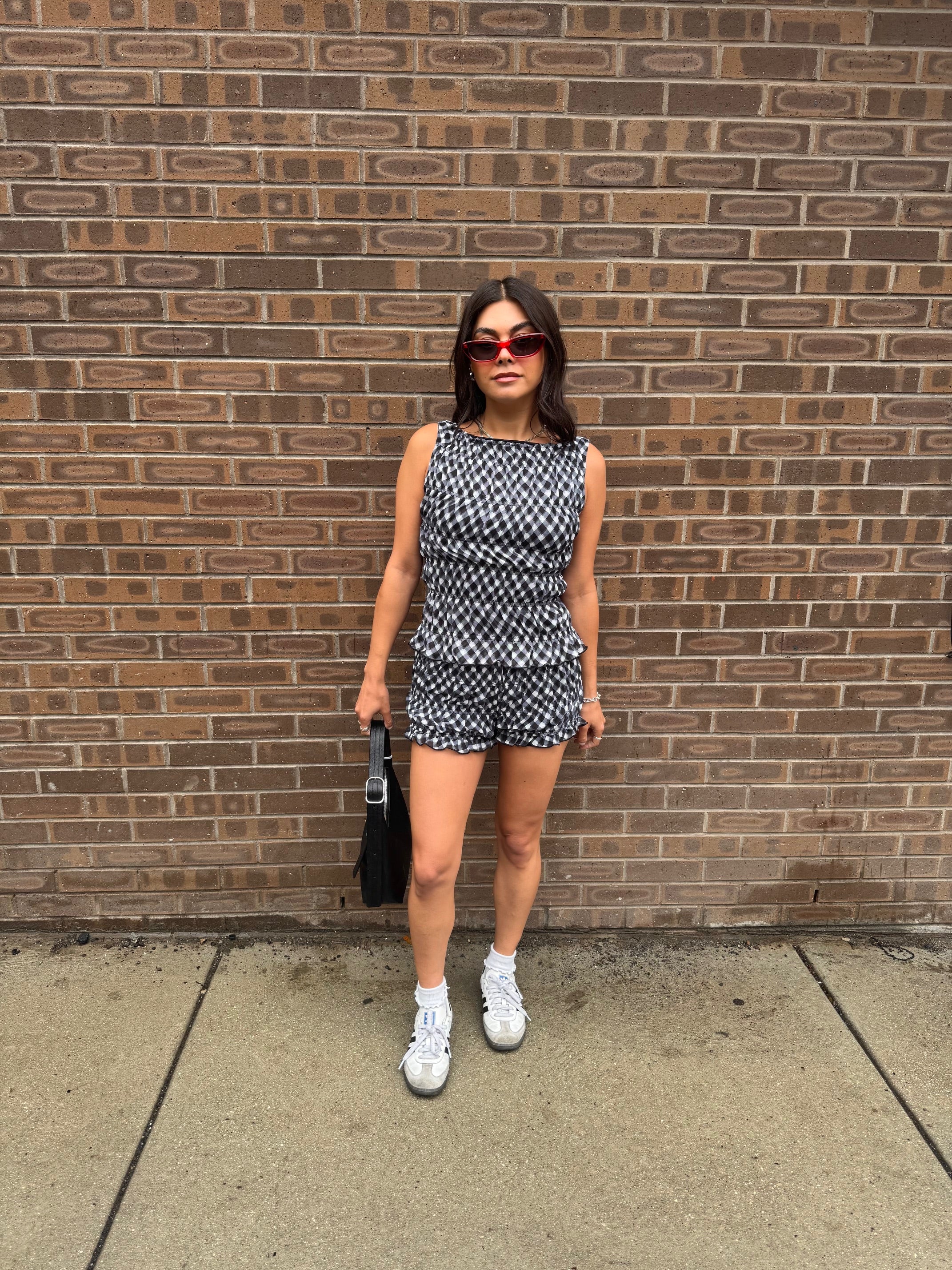 Plaid Shorts With Ruffle And Elastic Waistband - Black