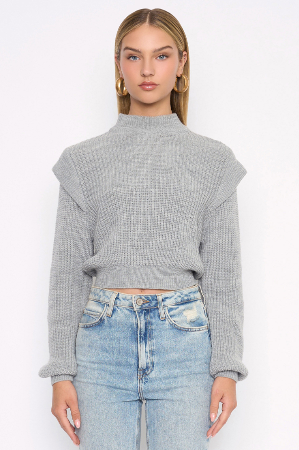 Grey Mock Neck Sweater w/ Cap Detail