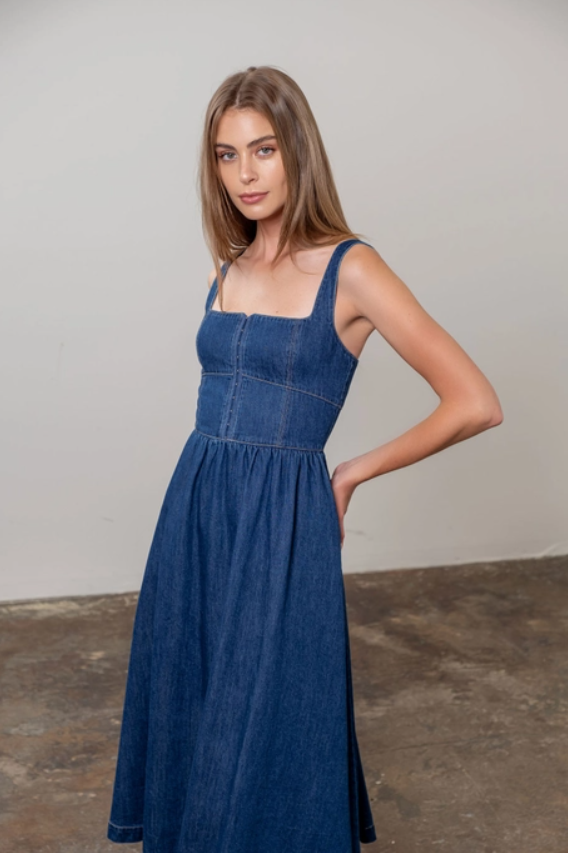 Denim Hook Front Midi Dress