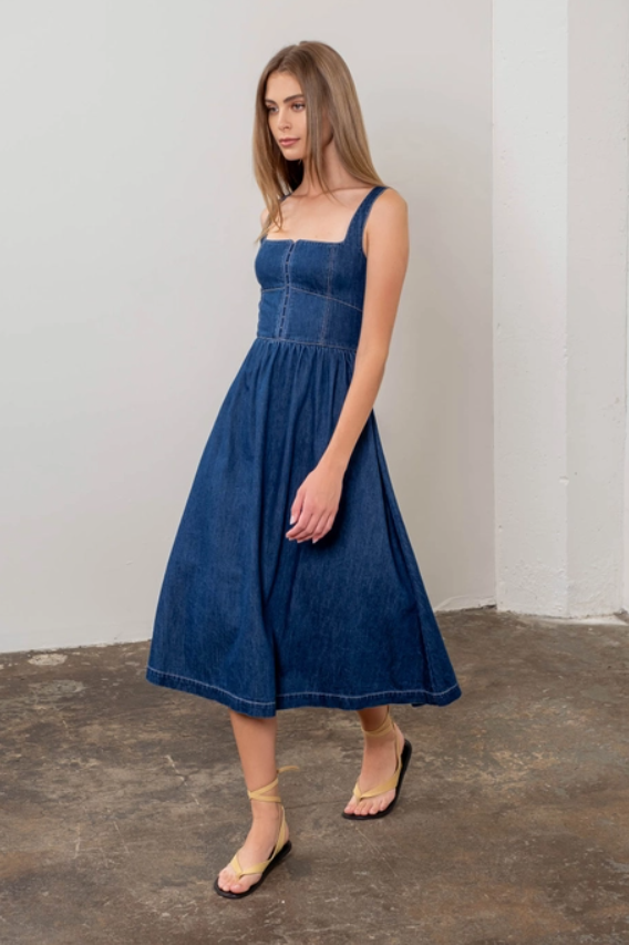 Denim Hook Front Midi Dress