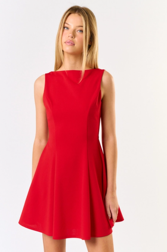 Red Boat Neck Skater Mini Dress