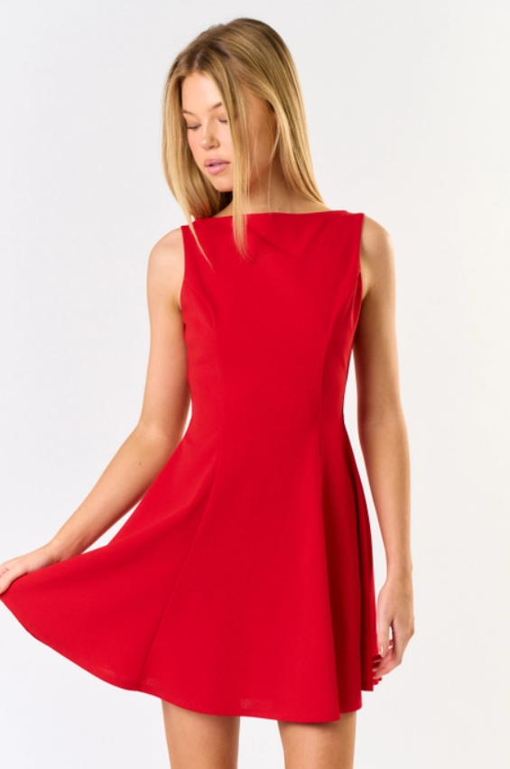 Red Boat Neck Skater Mini Dress