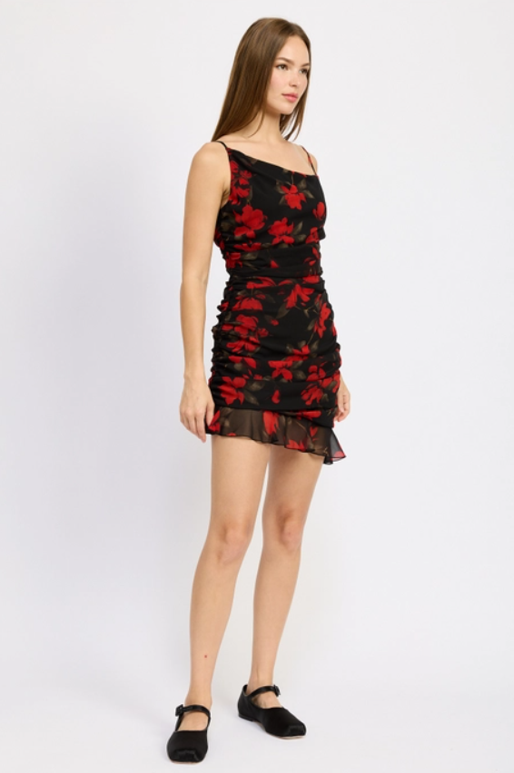 Ruched Asymmetrical Neck Dress with Ruffle Detail