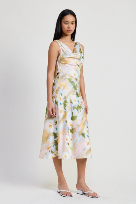 Floral Midi Cowl Neck Dress