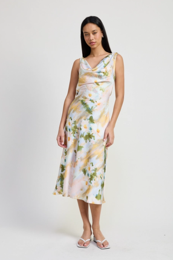 Floral Midi Cowl Neck Dress