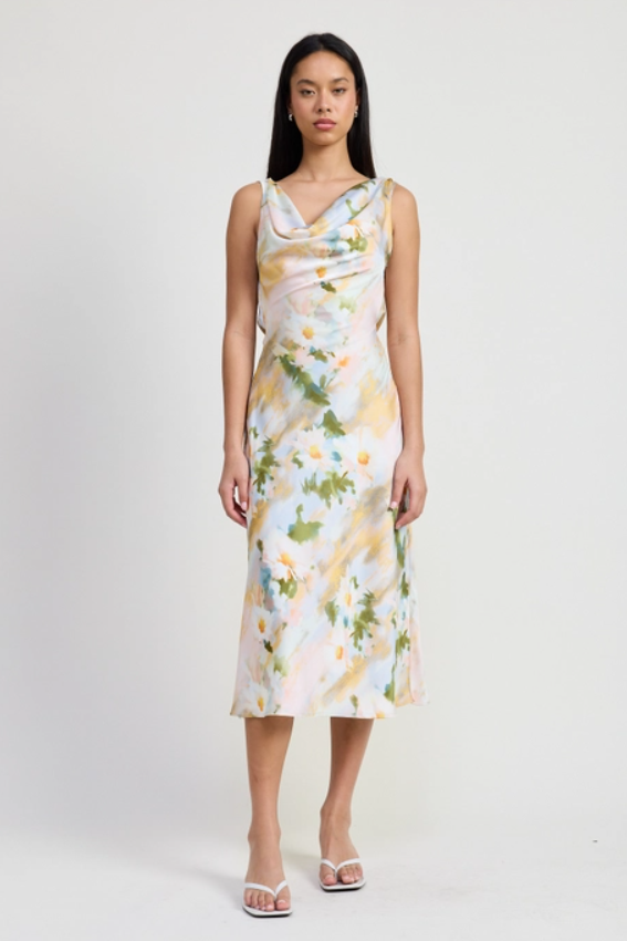 Floral Midi Cowl Neck Dress