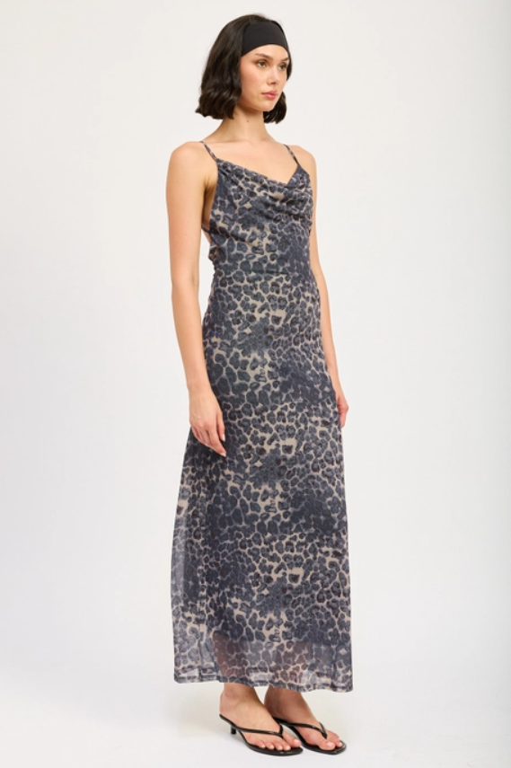 Leopard Cowl Maxi Dress with Open Back