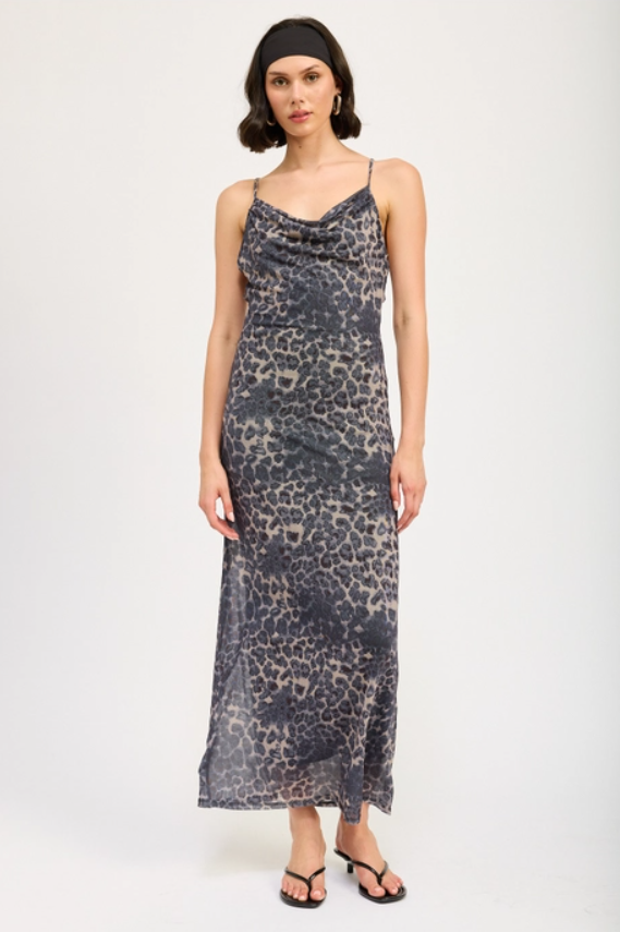 Leopard Cowl Maxi Dress with Open Back