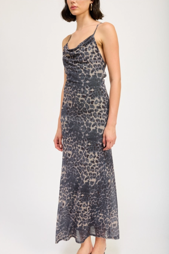 Leopard Cowl Maxi Dress with Open Back