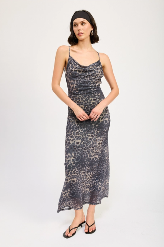 Leopard Cowl Maxi Dress with Open Back