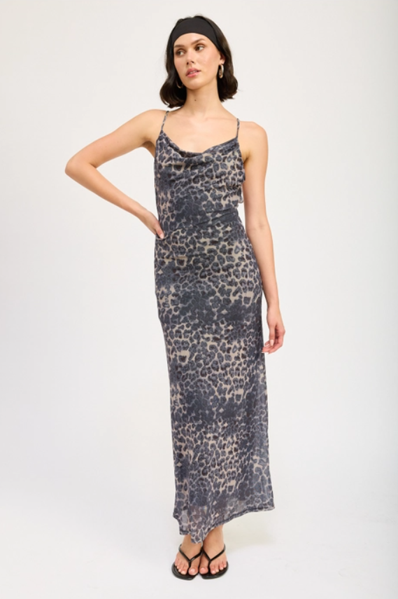 Leopard Cowl Maxi Dress with Open Back