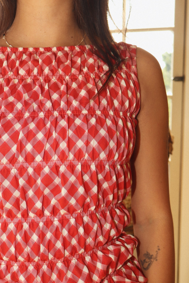 Red Plaid Sleeveless Smocked Top