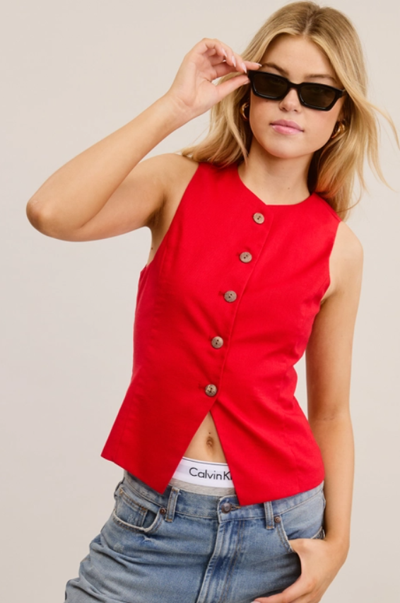 Sleeveless Buttoned Vest - Scarlet