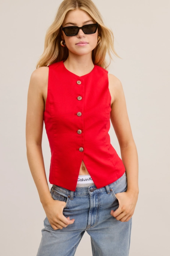 Sleeveless Buttoned Vest - Scarlet