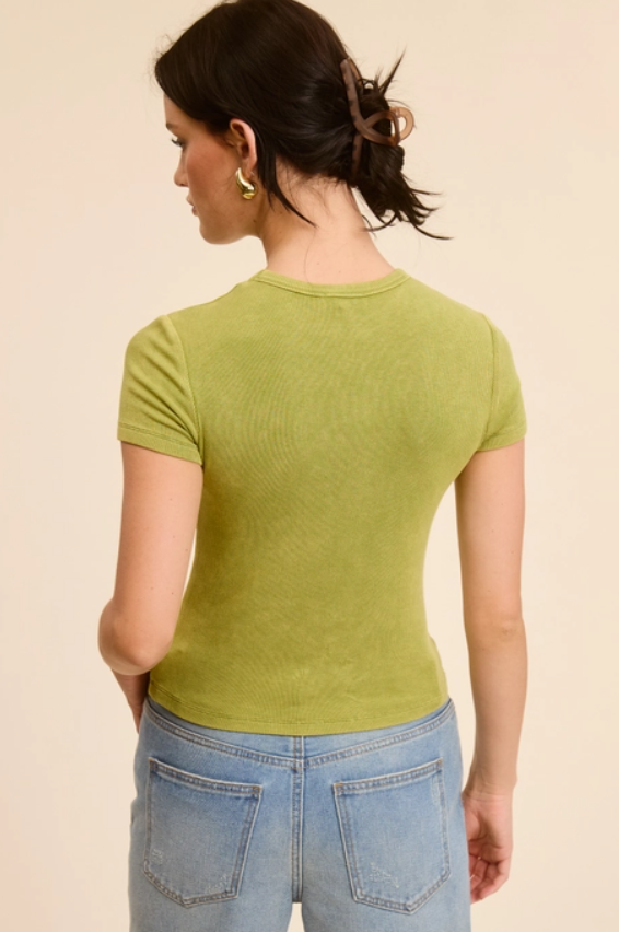 Acid Wash Ribbed Fitted Tee - Olive