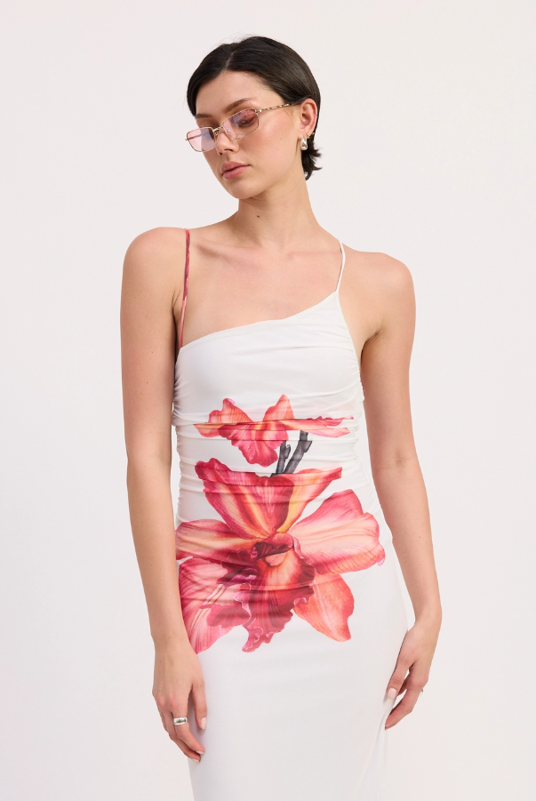 Printed One Shoulder Ruched Dress