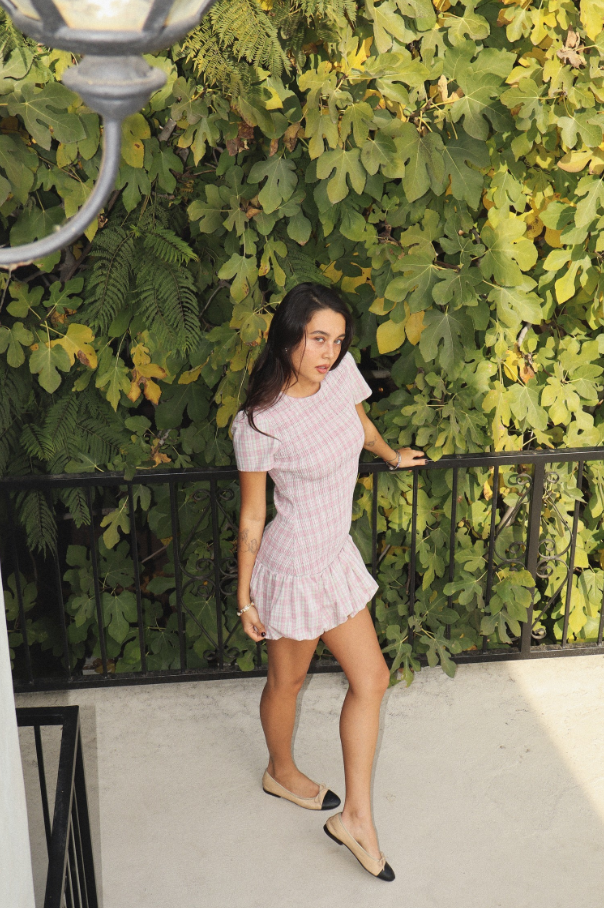 Smocked Short-sleeve Plaid Mini Dress