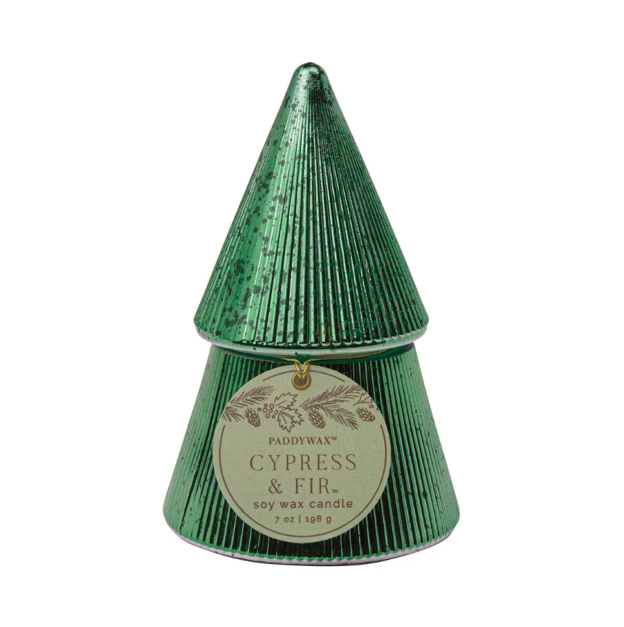 7 oz Ribbed Mercury Green Stacked Tree Candle With Lid