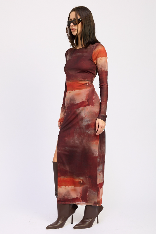 Rust Mesh Maxi Dress with High Slit