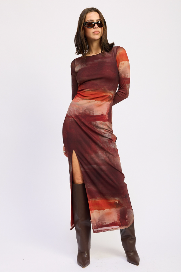 Rust Mesh Maxi Dress with High Slit