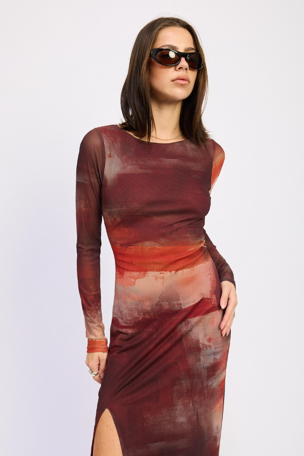 Rust Mesh Maxi Dress with High Slit