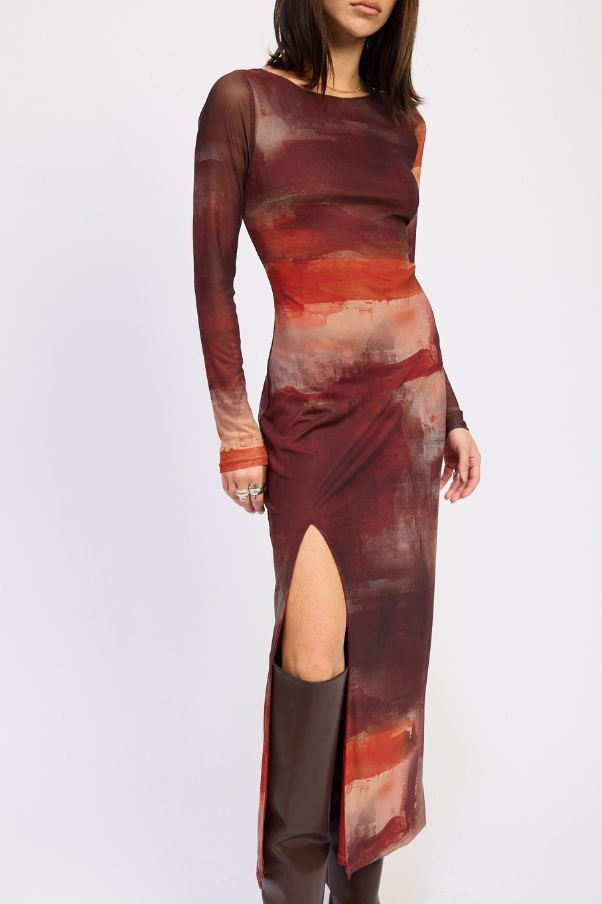Rust Mesh Maxi Dress with High Slit