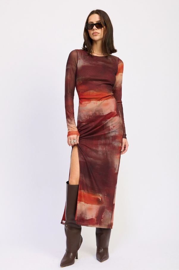 Rust Mesh Maxi Dress with High Slit