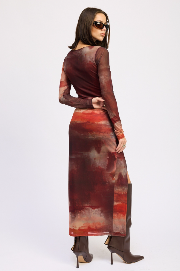 Rust Mesh Maxi Dress with High Slit