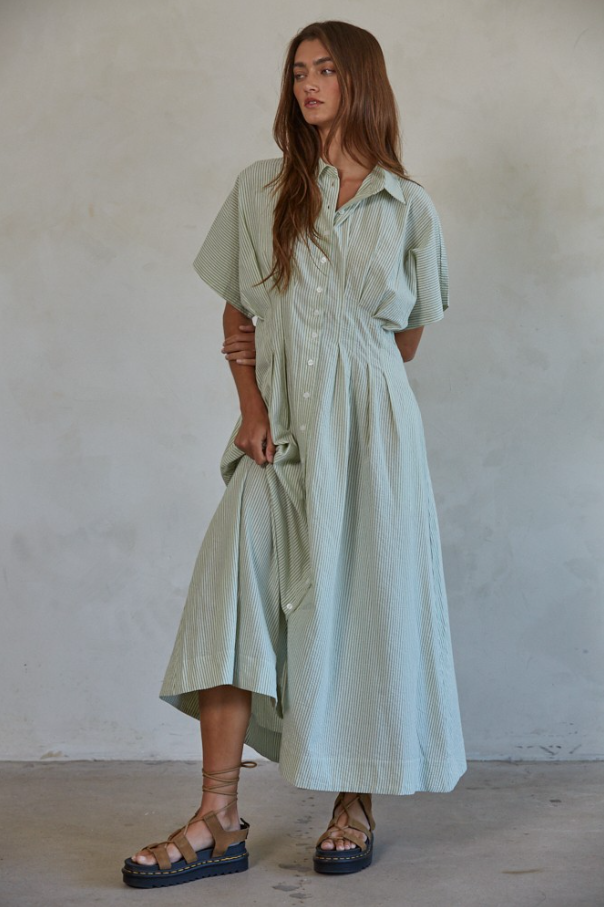 Striped Pleated Flare Maxi Dress