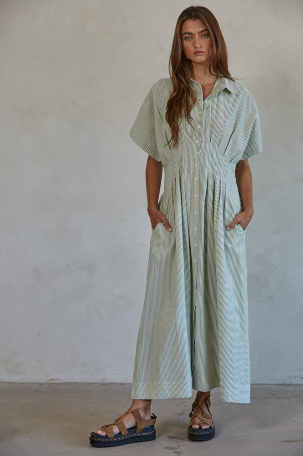 Striped Pleated Flare Maxi Dress