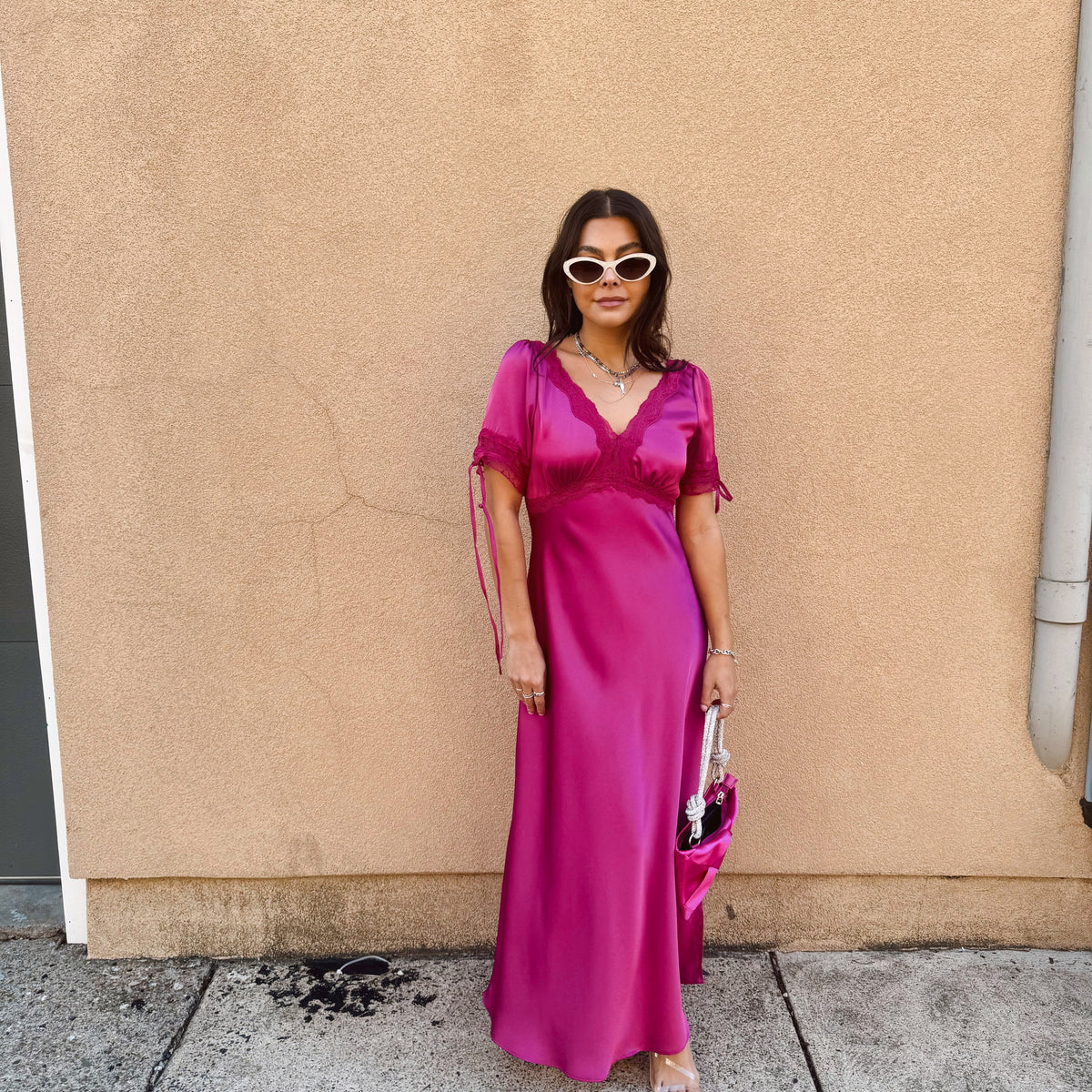Satin Lace Trim Plunging Midi Dress - Magenta