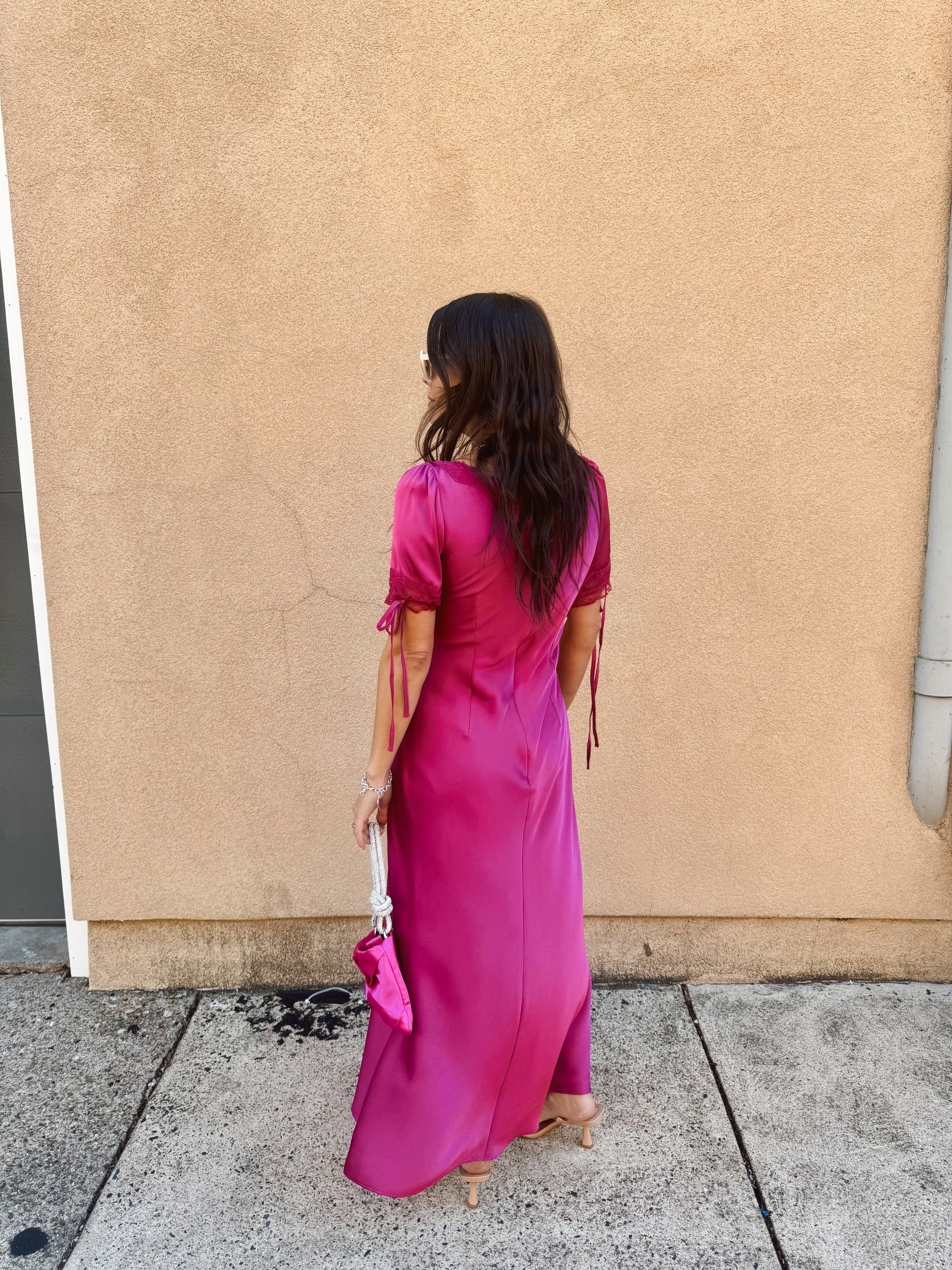 Satin Lace Trim Plunging Midi Dress - Magenta