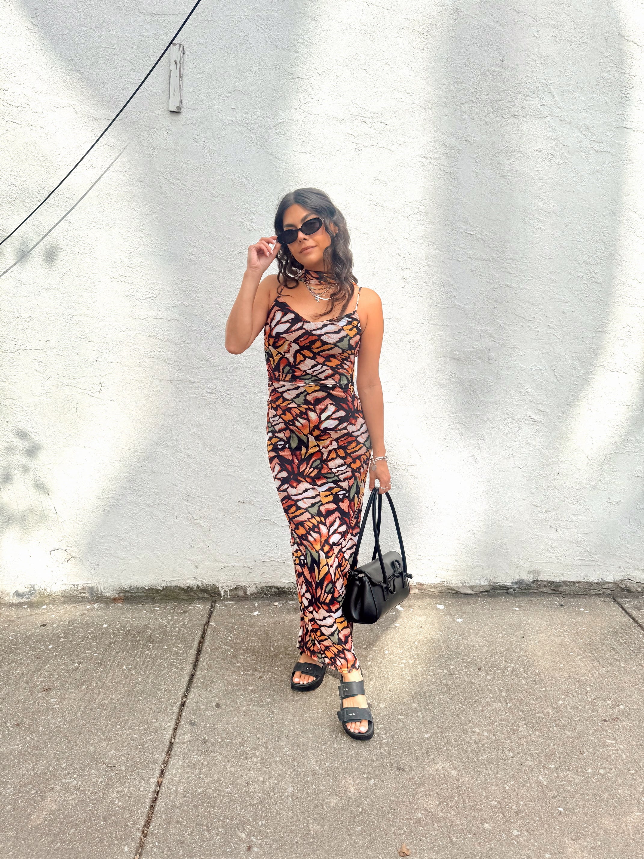 Patterned Mesh Dress With Scarf
