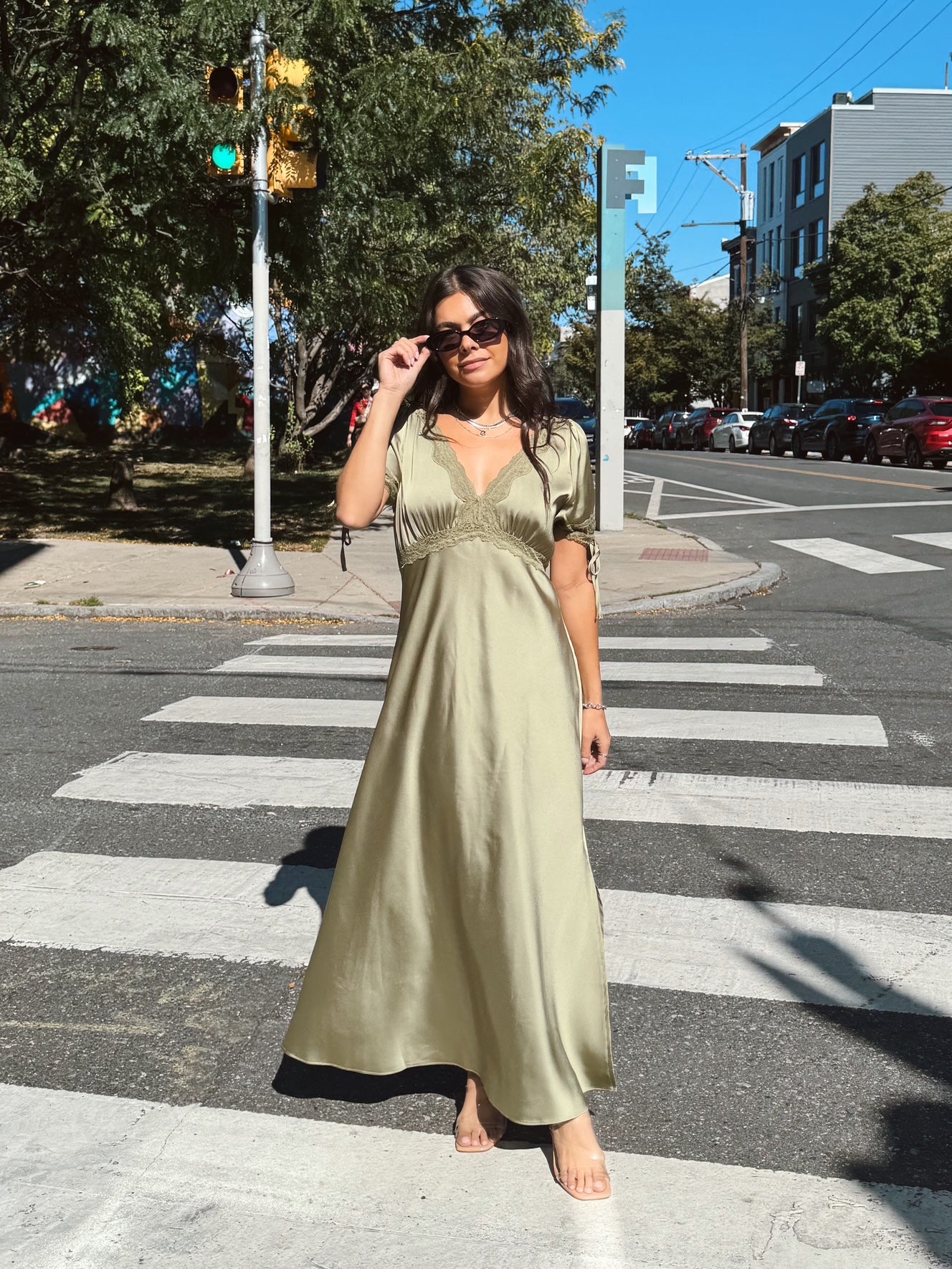 Satin Lace Trim Plunging Midi Dress