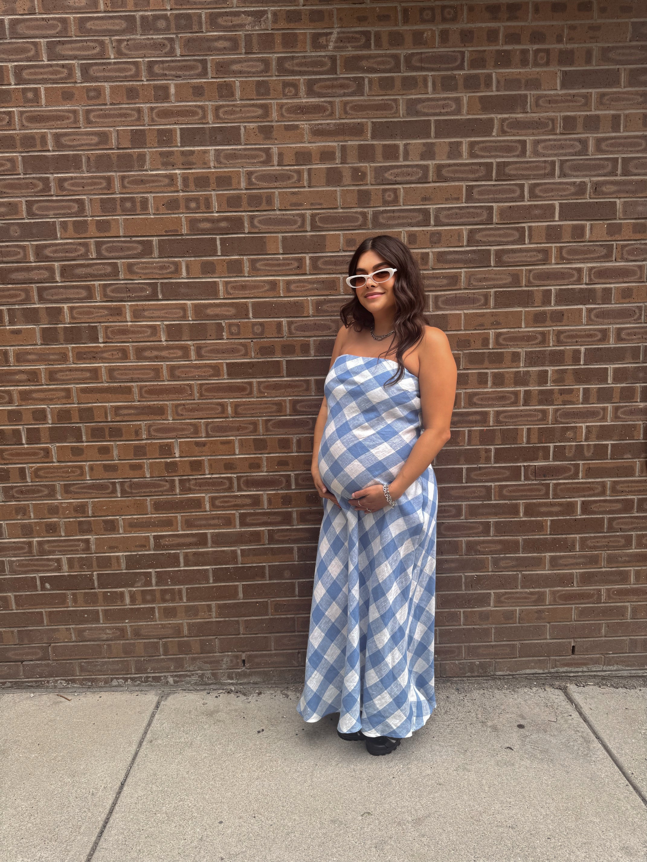 Erin Strapless Linen Gingham Maxi Dress