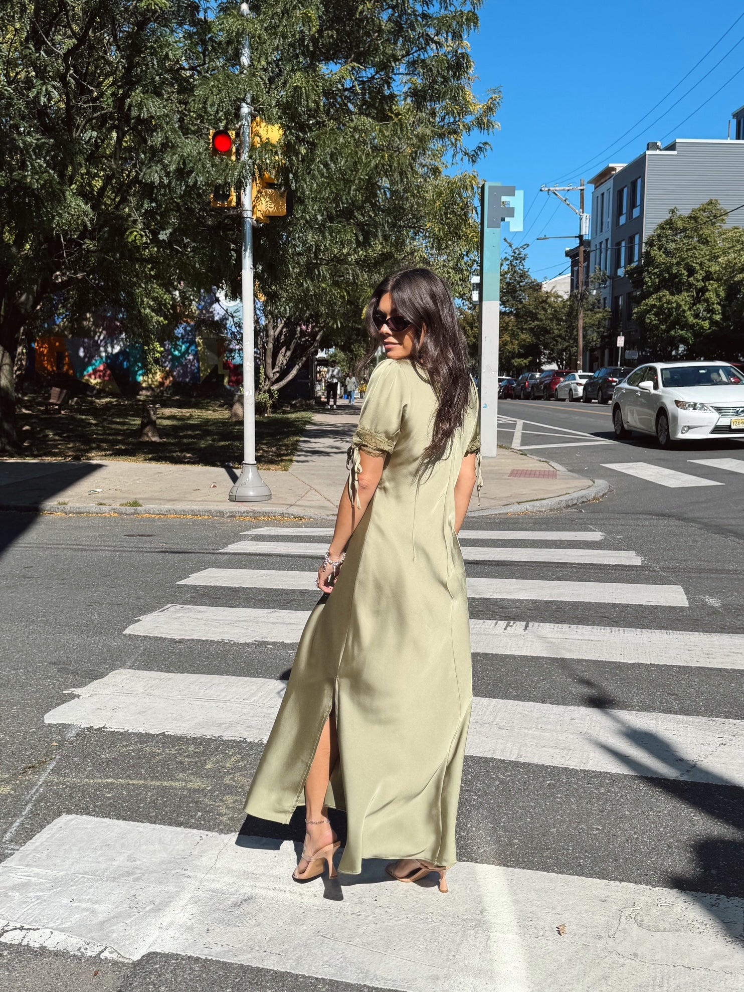 Satin Lace Trim Plunging Midi Dress