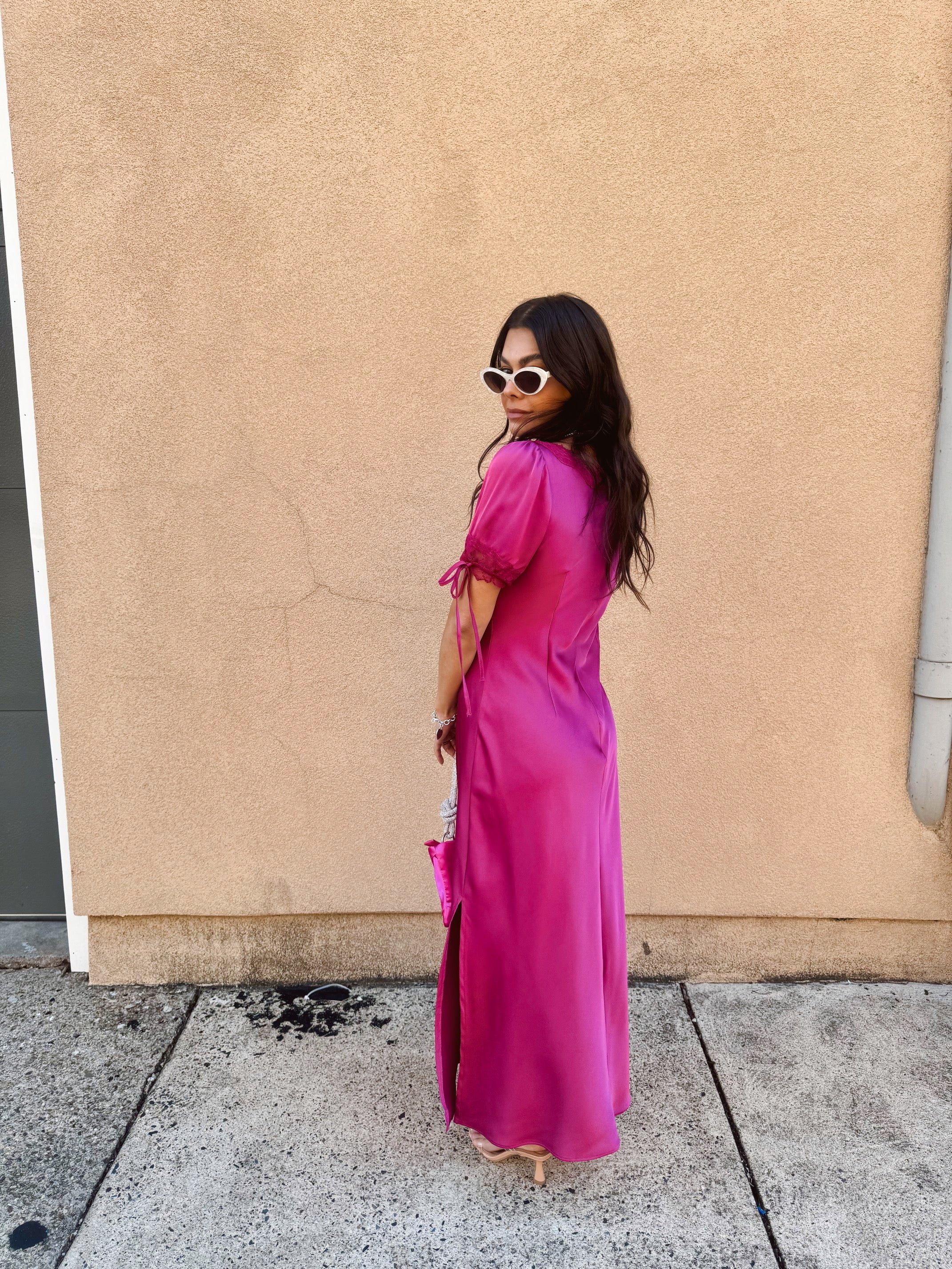 Satin Lace Trim Plunging Midi Dress - Magenta