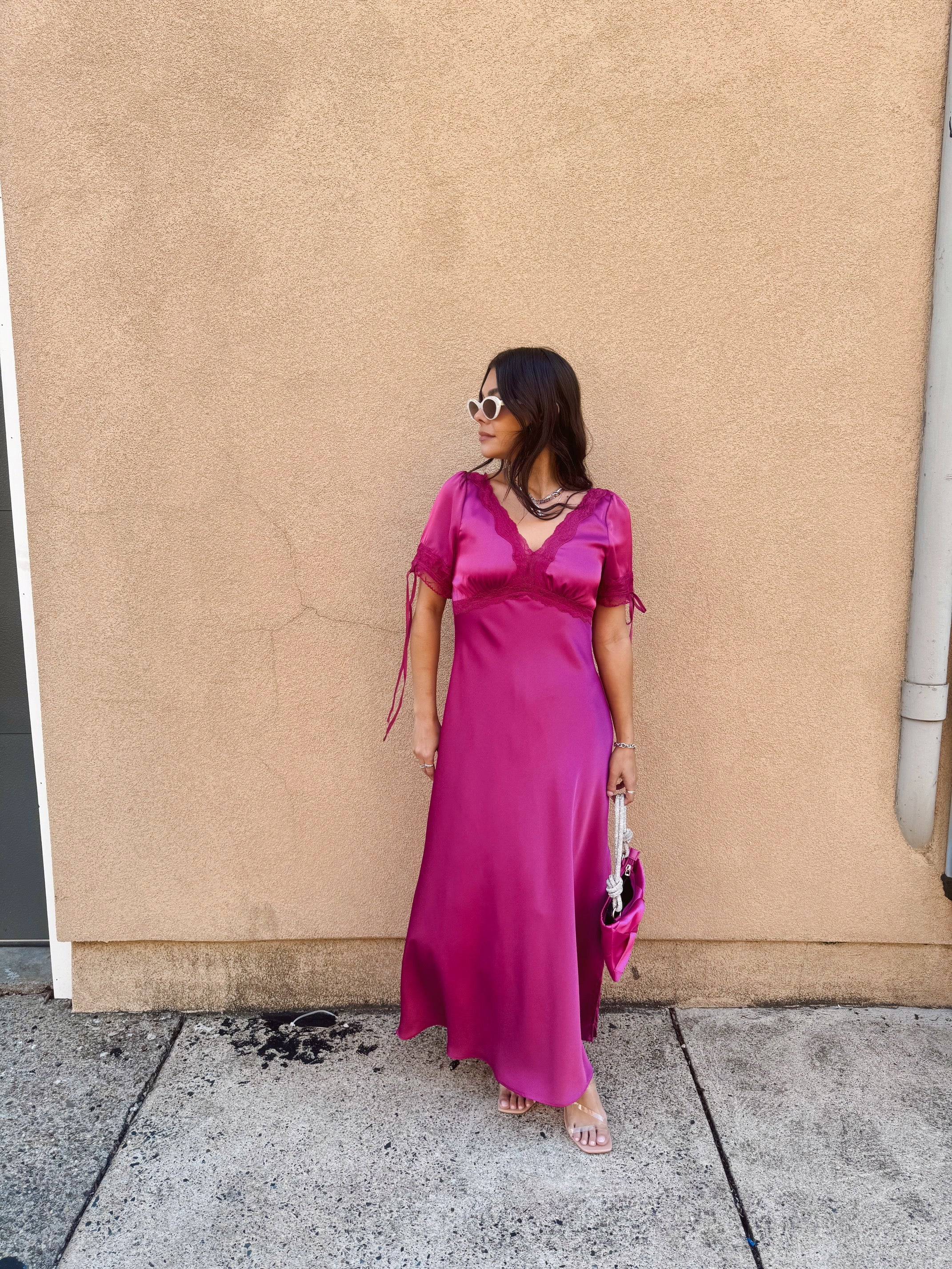 Satin Lace Trim Plunging Midi Dress - Magenta